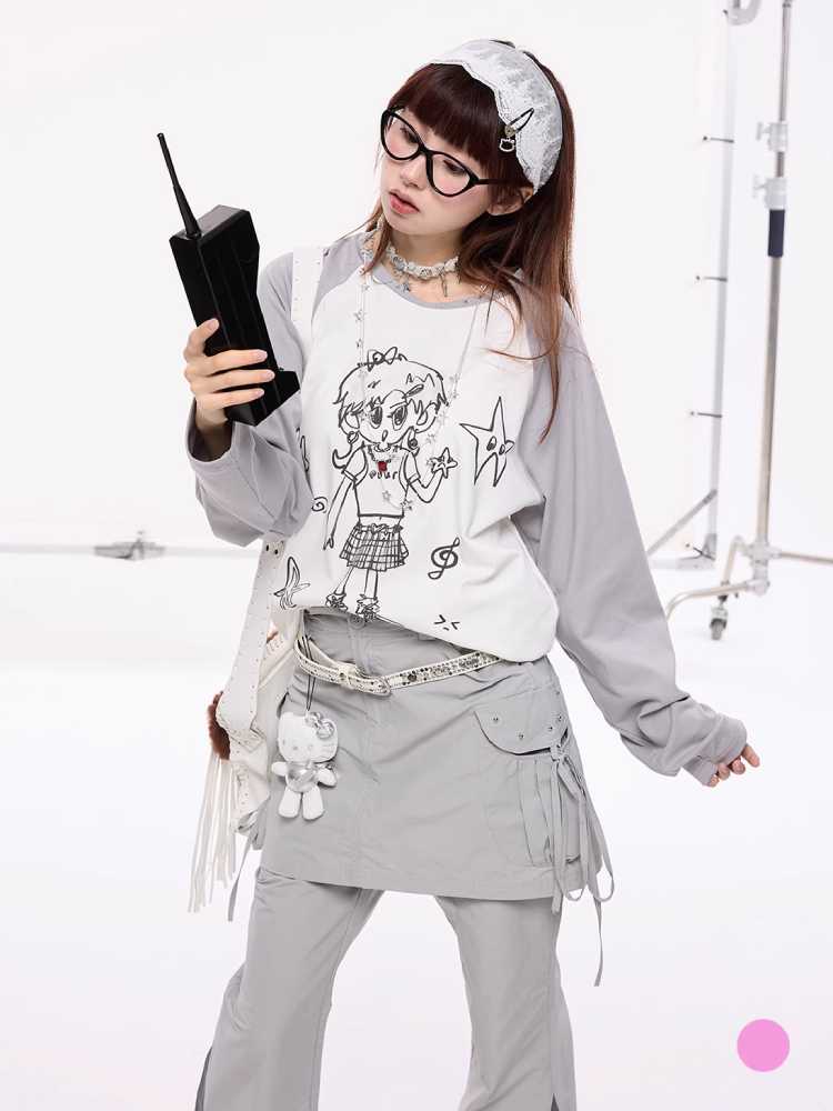 Hand -drawn Girly Print Long-Sleeed T-Shirt [S0000010420]