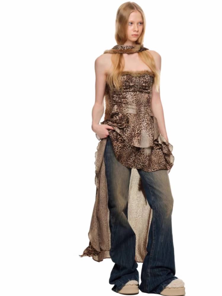 Leopard print chiffon tube top dress【s0000011401】