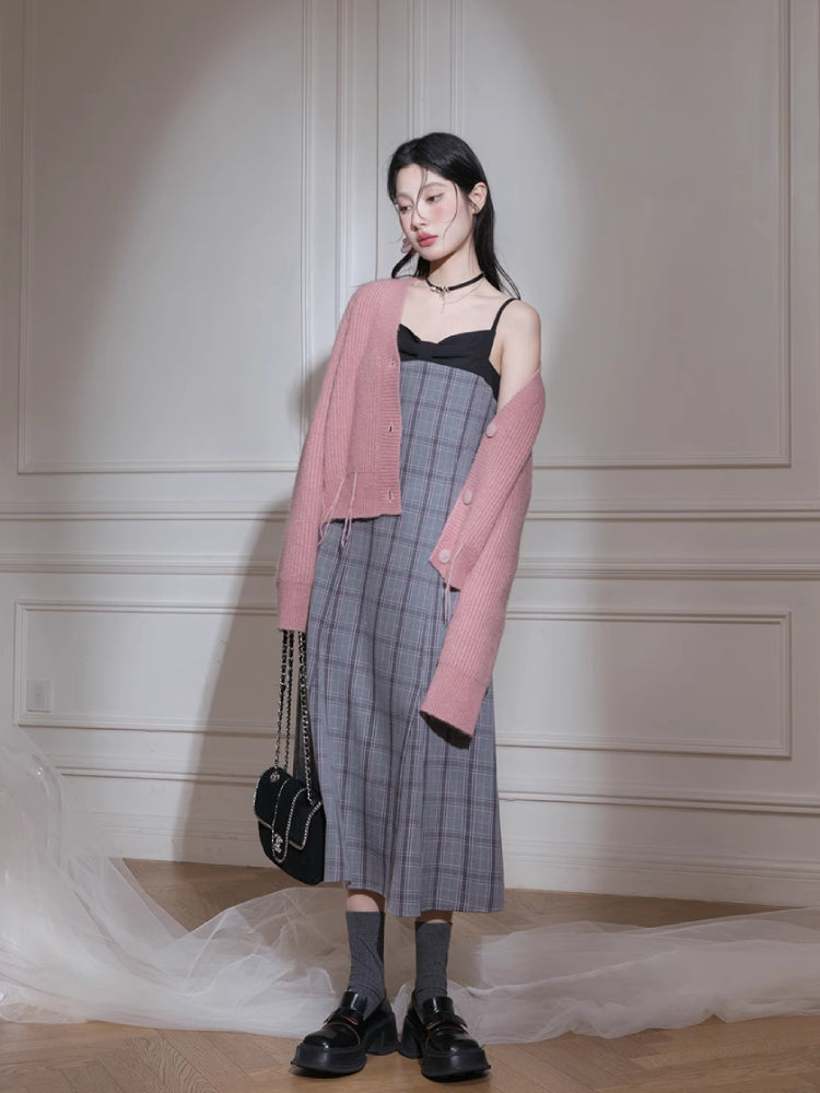 Plaid dress + pullover shirt set【s0000007222】