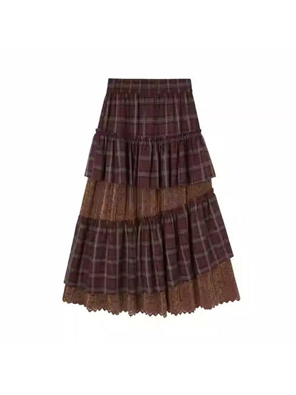 Retro plaid splicing cake skirt【s0000010798】