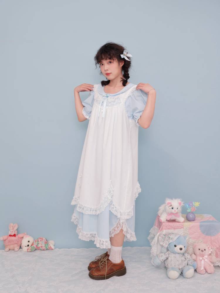 Antique girly floral embroidered light blue dress【s0000009502】