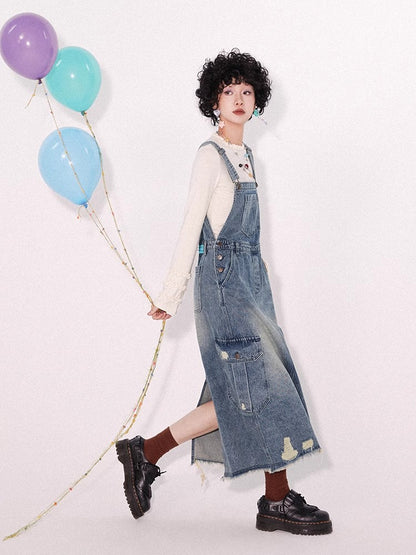 Loose denim suspender skirt【s0000009796】