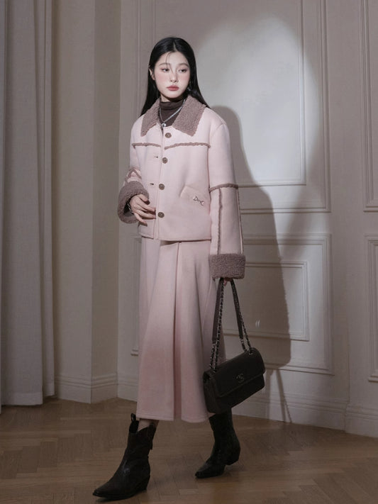 Suede lamb wool jacket+skirt set【s0000005813】