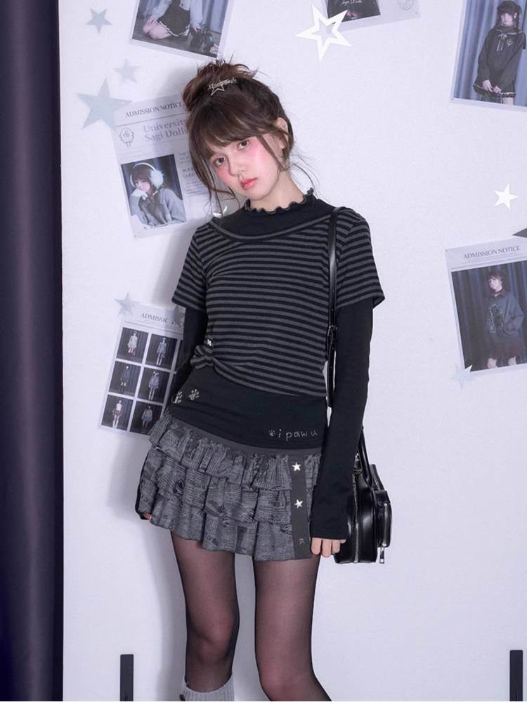 Striped fake two-piece long sleeve T-shirt【s0000011650】