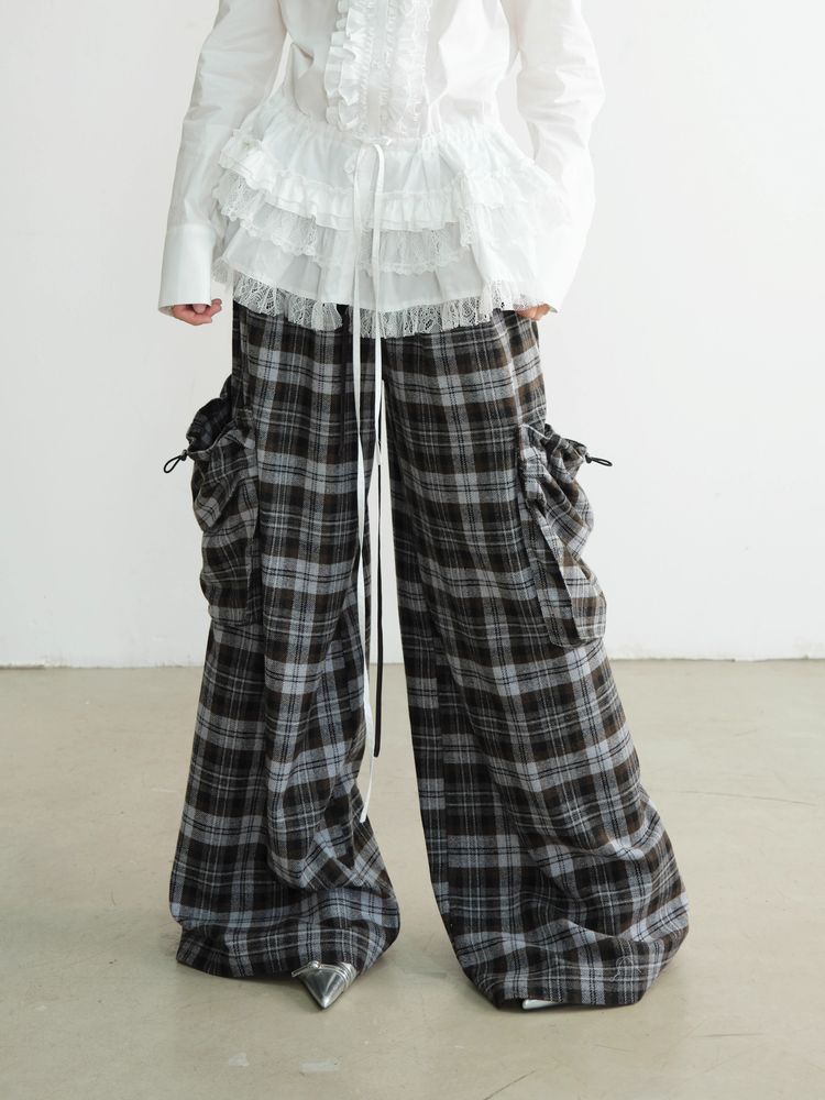 Double Waist Plaid Wide Leg Pants [S0000010929]