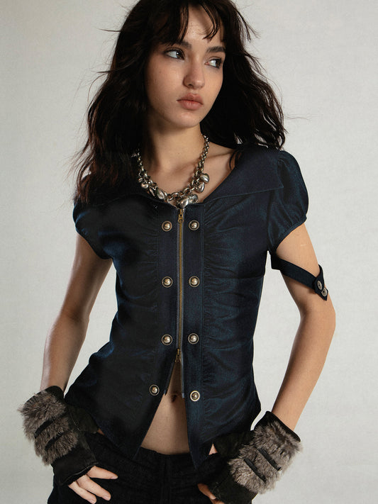 Pleated Waisted Princess Sleeve Short Sleeve Shirt【s0000008479】