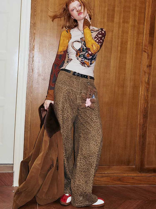 Leopard print straight wide leg pants【s0000009828】