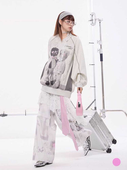 OVERSIZED LOOSE BEAR PRINT TOP AND BAT CURTAIN [S0000010426]