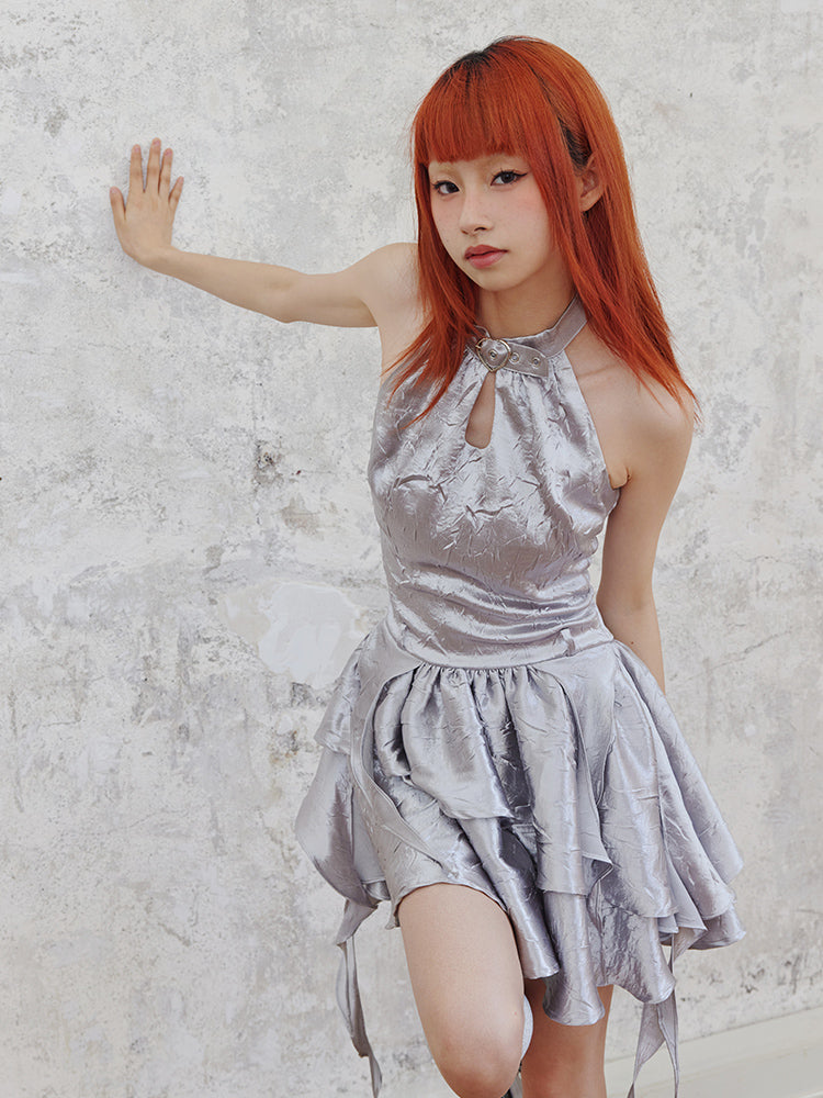 AI Girl Silver Halter Neck Dress【s0000002507】