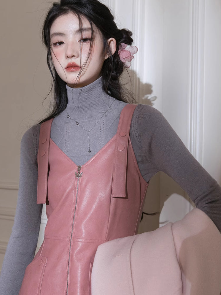 Romantic leather suspender dress【s0000005782】