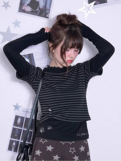 Striped fake two-piece long sleeve T-shirt【s0000011650】