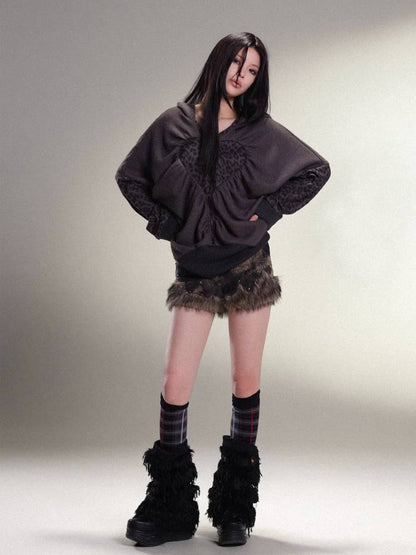 표범 프린트 하트 후드 느슨한 니트 탑 【S000011456】