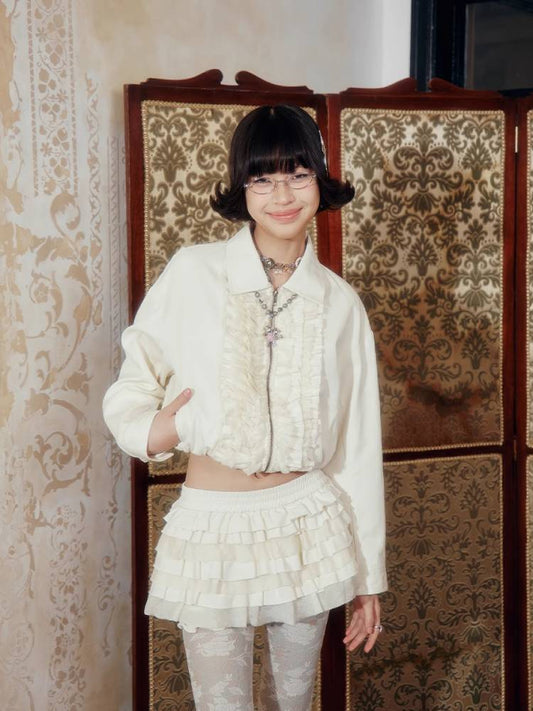 Zipper long sleeve jacket + ruffle culottes【s0000008026】