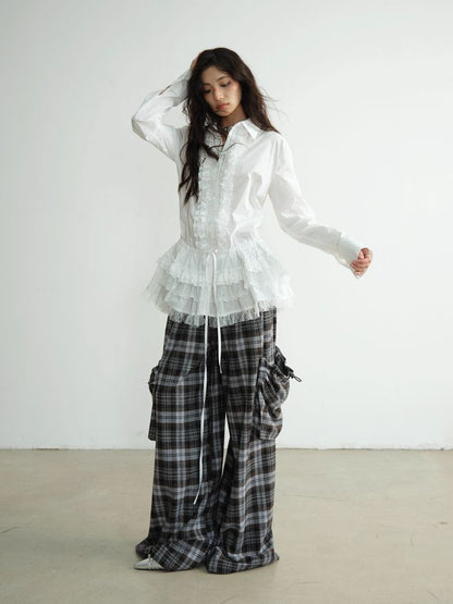 Double Waist Plaid Wide Leg Pants [S0000010929]