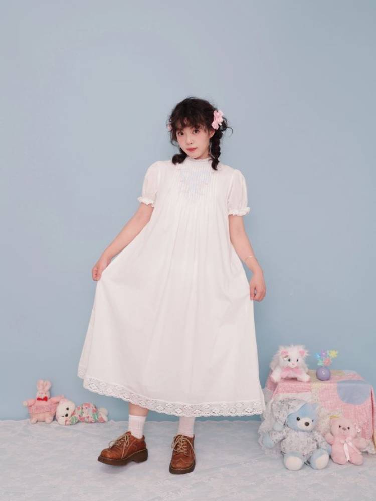 Antique girly pleated embroidery white dress【s0000009498】