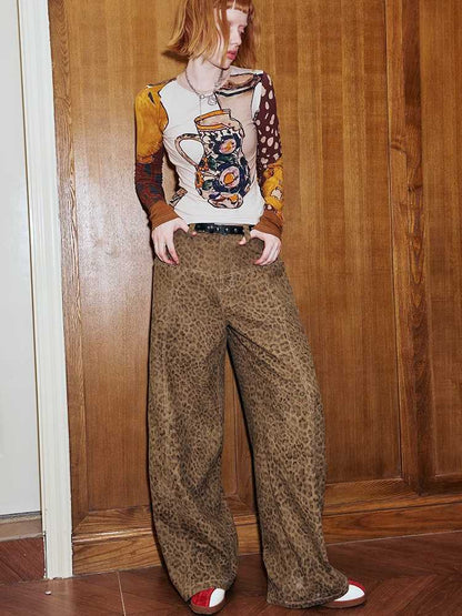 Leopard print straight wide leg pants【s0000009828】