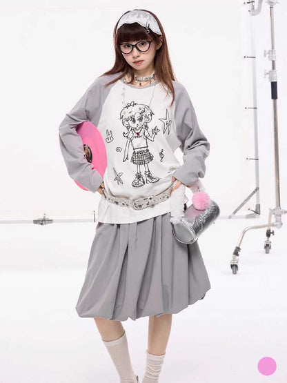 Hand -drawn Girly Print Long-Sleeed T-Shirt [S0000010420]