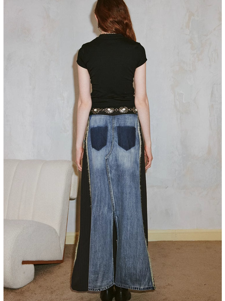 Denim patchwork skirt【s0000007596】