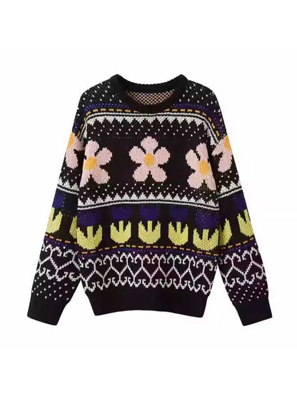 Floral jacquard round neck long sleeve sweater【s0000010777】