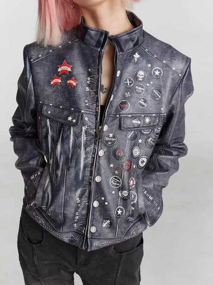 Retro distressed punk leather jacket【s0000010429】