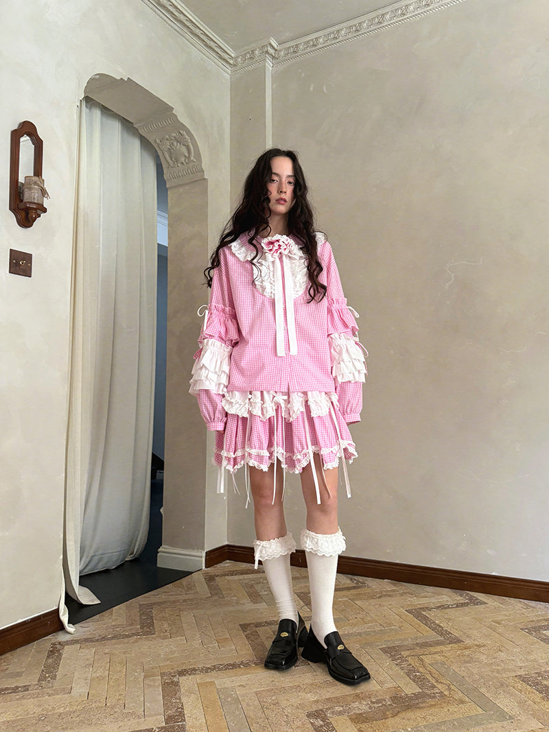 Pink checkered lace trim long-sleeved shirt【s0000012761】