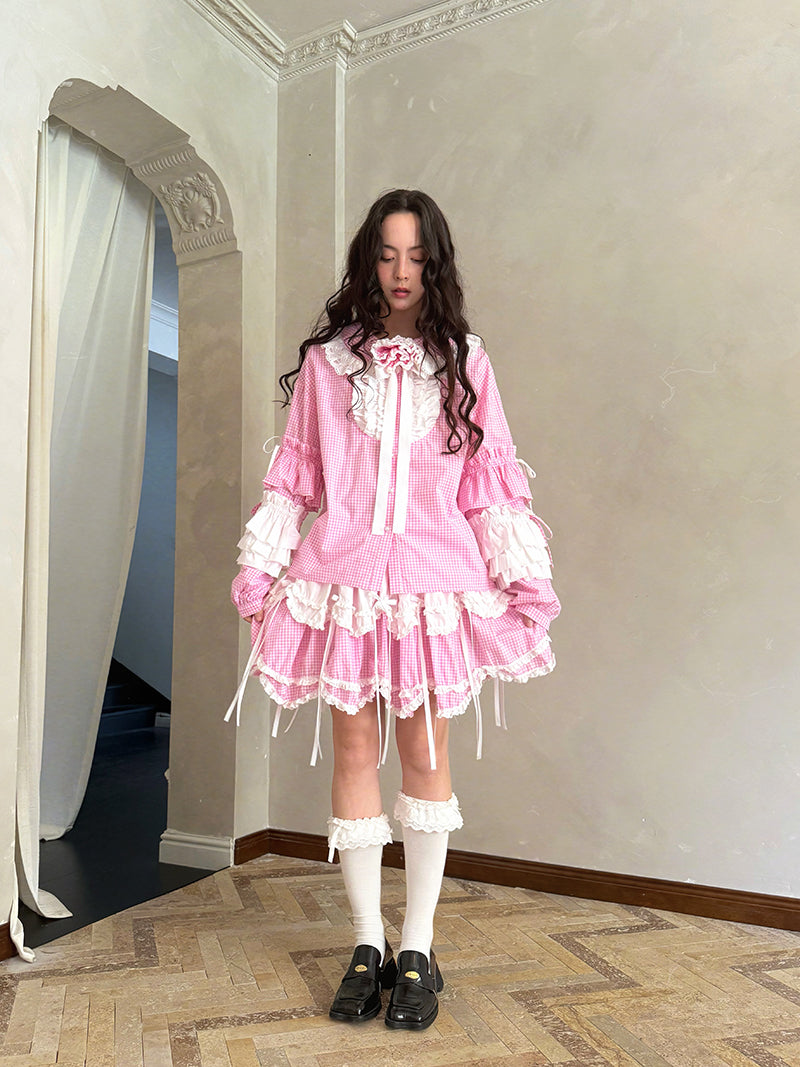 Pink checkered lace trim long-sleeved shirt【s0000012761】