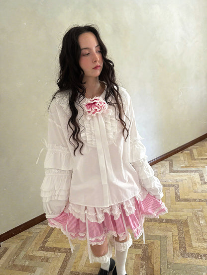 Pink checkered lace trim long-sleeved shirt【s0000012761】