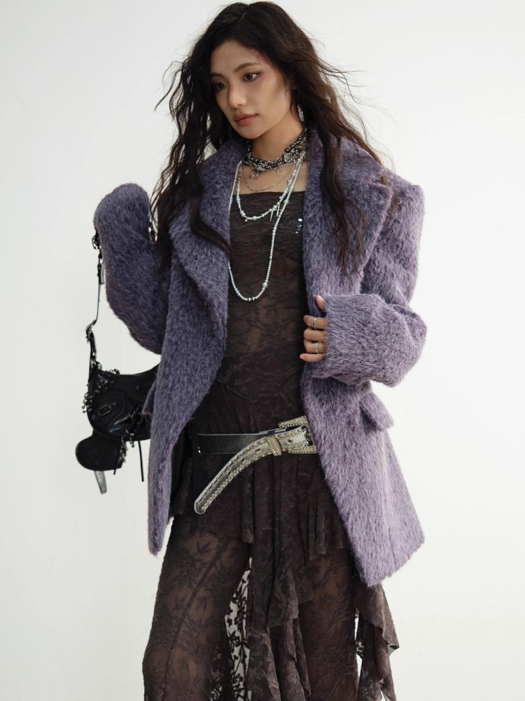 Purple Long Wool Silhouette Suit Jacket [S0000010926]