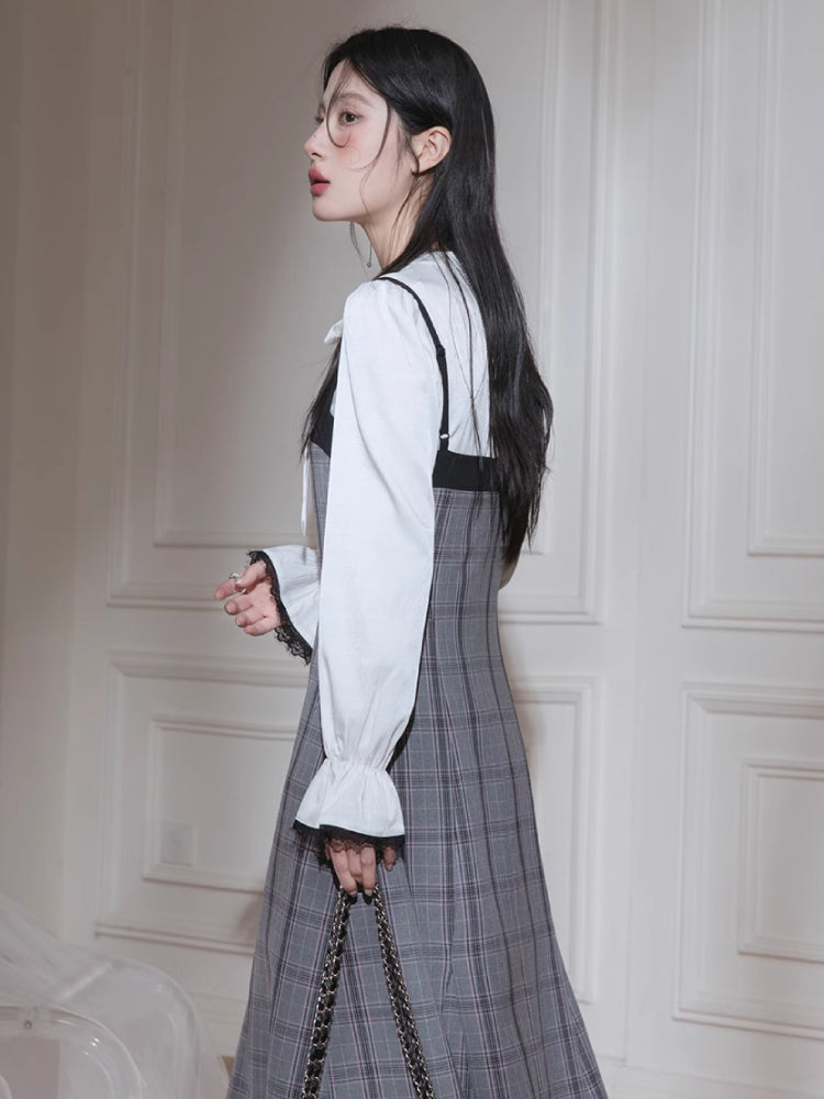 Plaid dress + pullover shirt set【s0000007222】