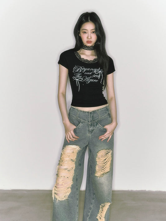 Lace one-shoulder short-sleeve T-shirt【s0000009235】