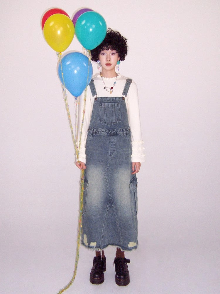 Loose denim suspender skirt【s0000009796】