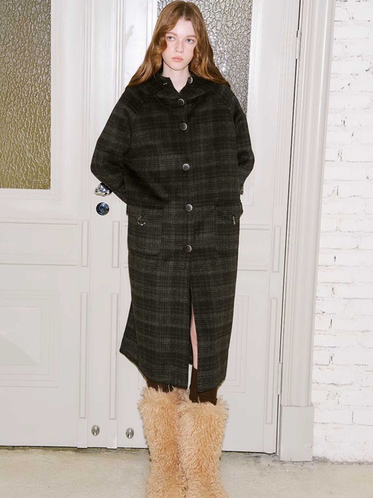 RETRO PLAID HOODED WOOL COAT [S0000010800]