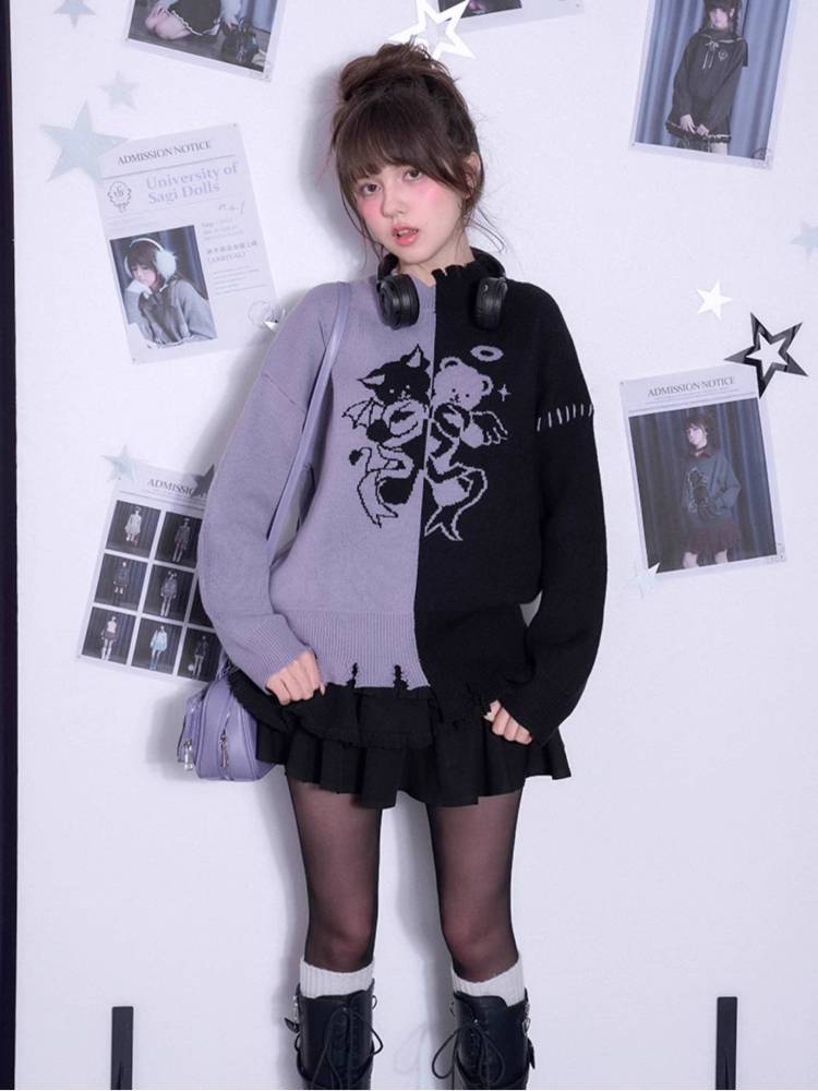 Black and purple loose sweater【s0000011298】