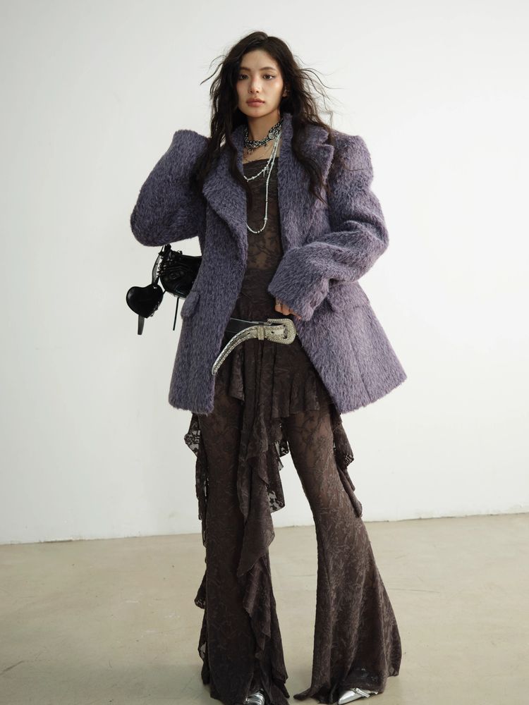 Purple Long Wool Silhouette Suit Jacket [S0000010926]