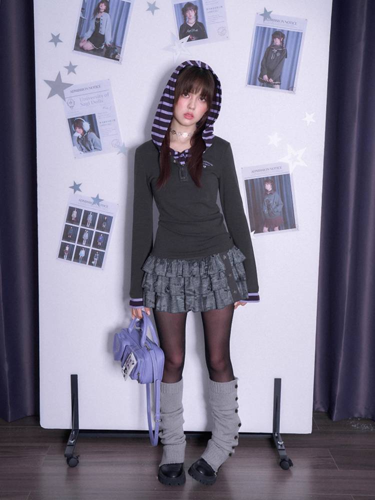 Fake two-piece long sleeve hooded T-shirt + skirt【s0000011090】