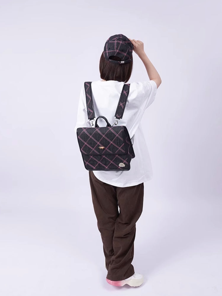 Plaid denim one-shoulder backpack【s0000007319】