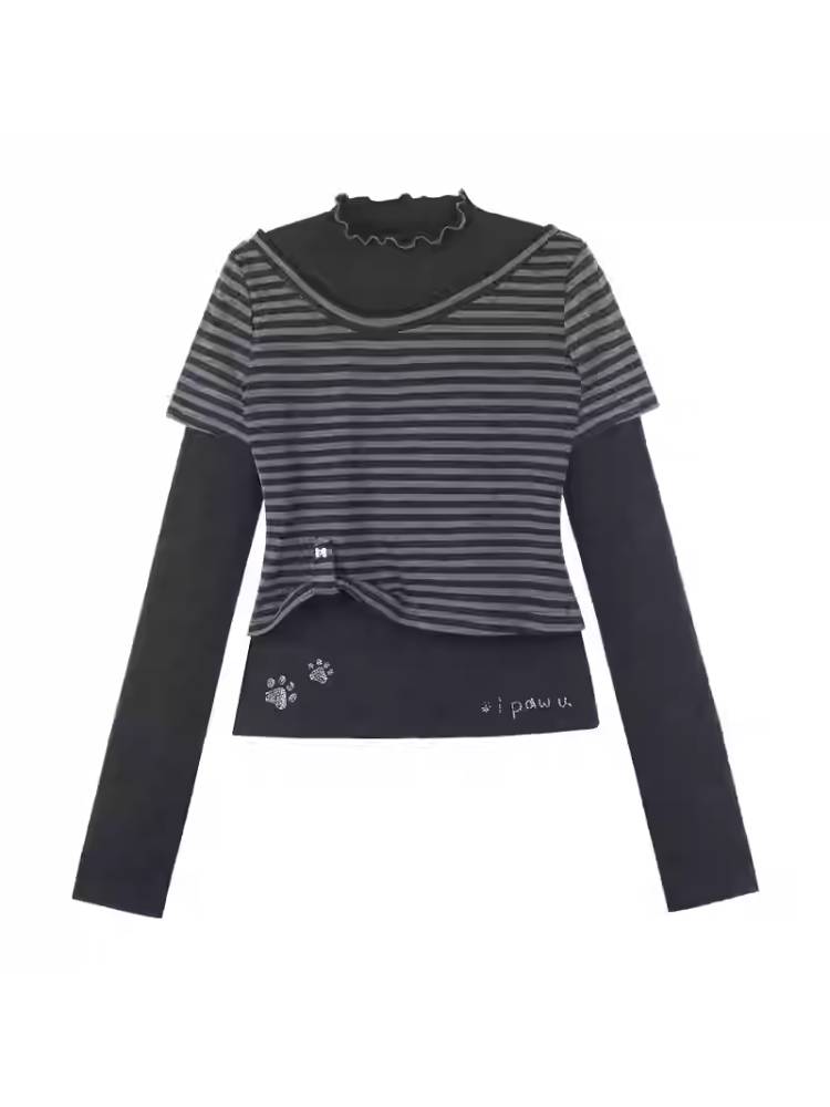 Striped fake two-piece long sleeve T-shirt【s0000011650】