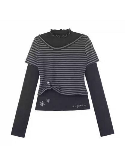 Striped fake two-piece long sleeve T-shirt【s0000011650】