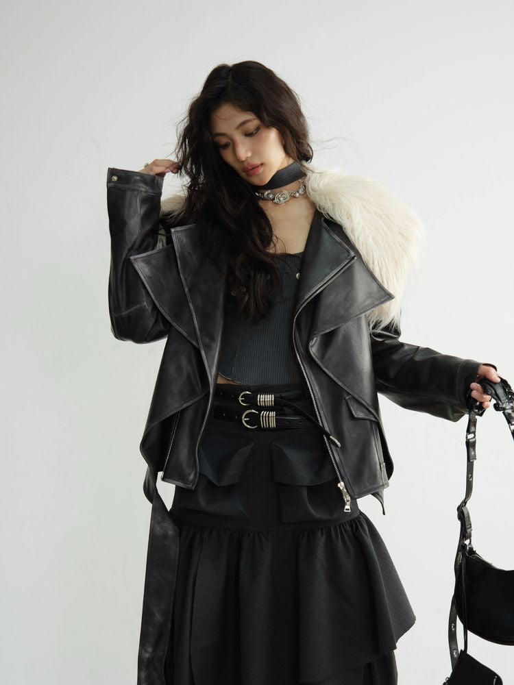 FAKE TWO PIECE PU Leather FUR JACKET [S0000010925]