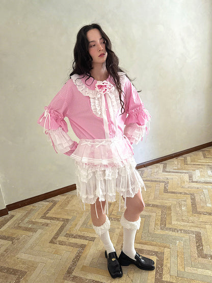 Pink checkered lace trim long-sleeved shirt【s0000012761】