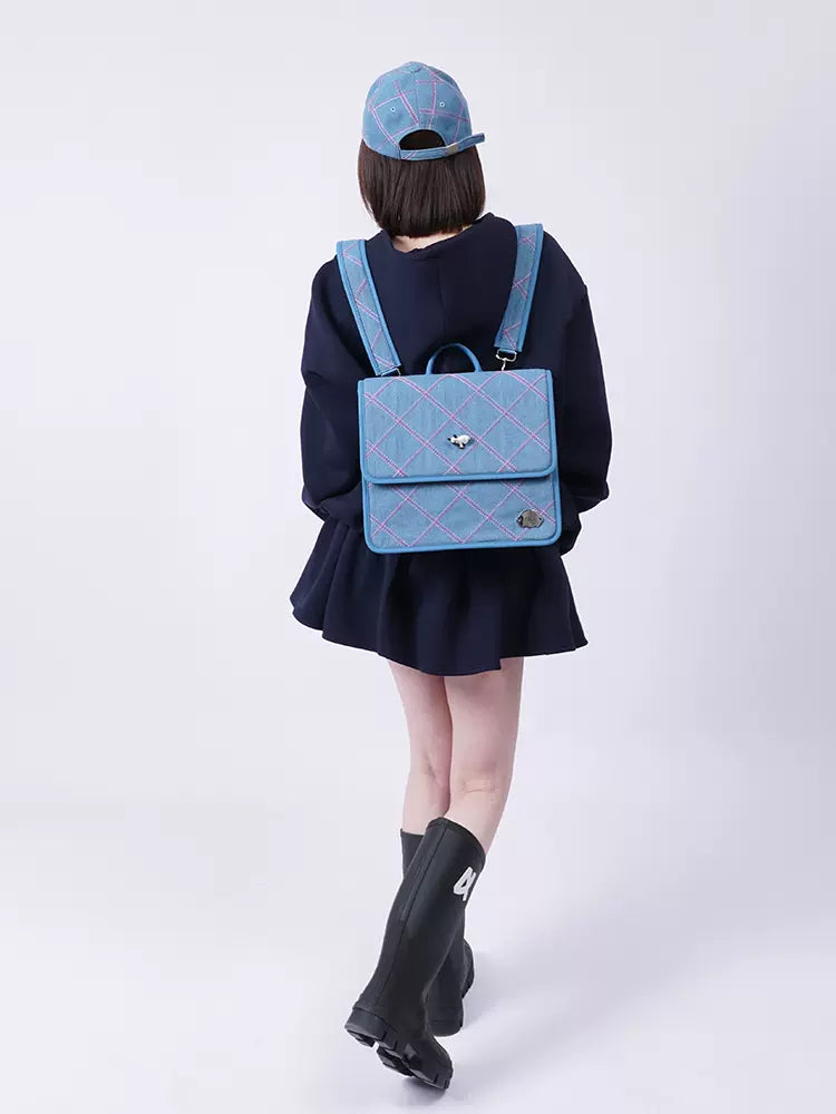 Plaid denim one-shoulder backpack【s0000007319】