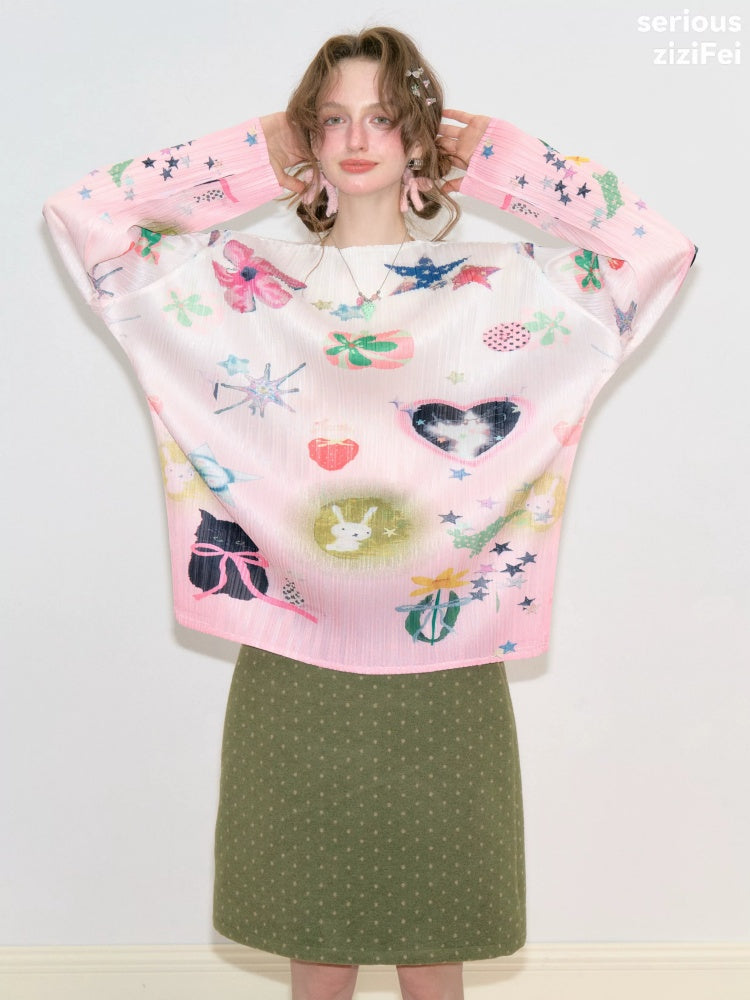 Playful Prints Girly Lazy Pink Pleated Long-Sleeve T-shirt【s0000018752】