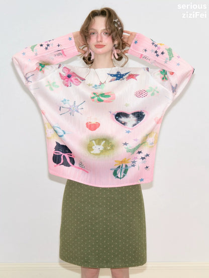 Playful Prints Girly Lazy Pink Pleated Long-Sleeve T-shirt【s0000018752】