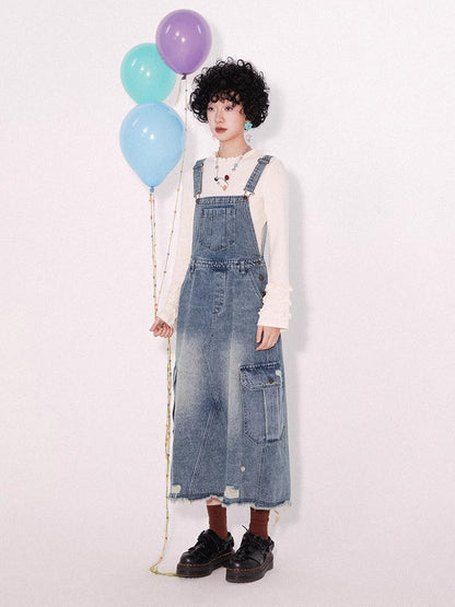 Loose denim suspender skirt【s0000009796】