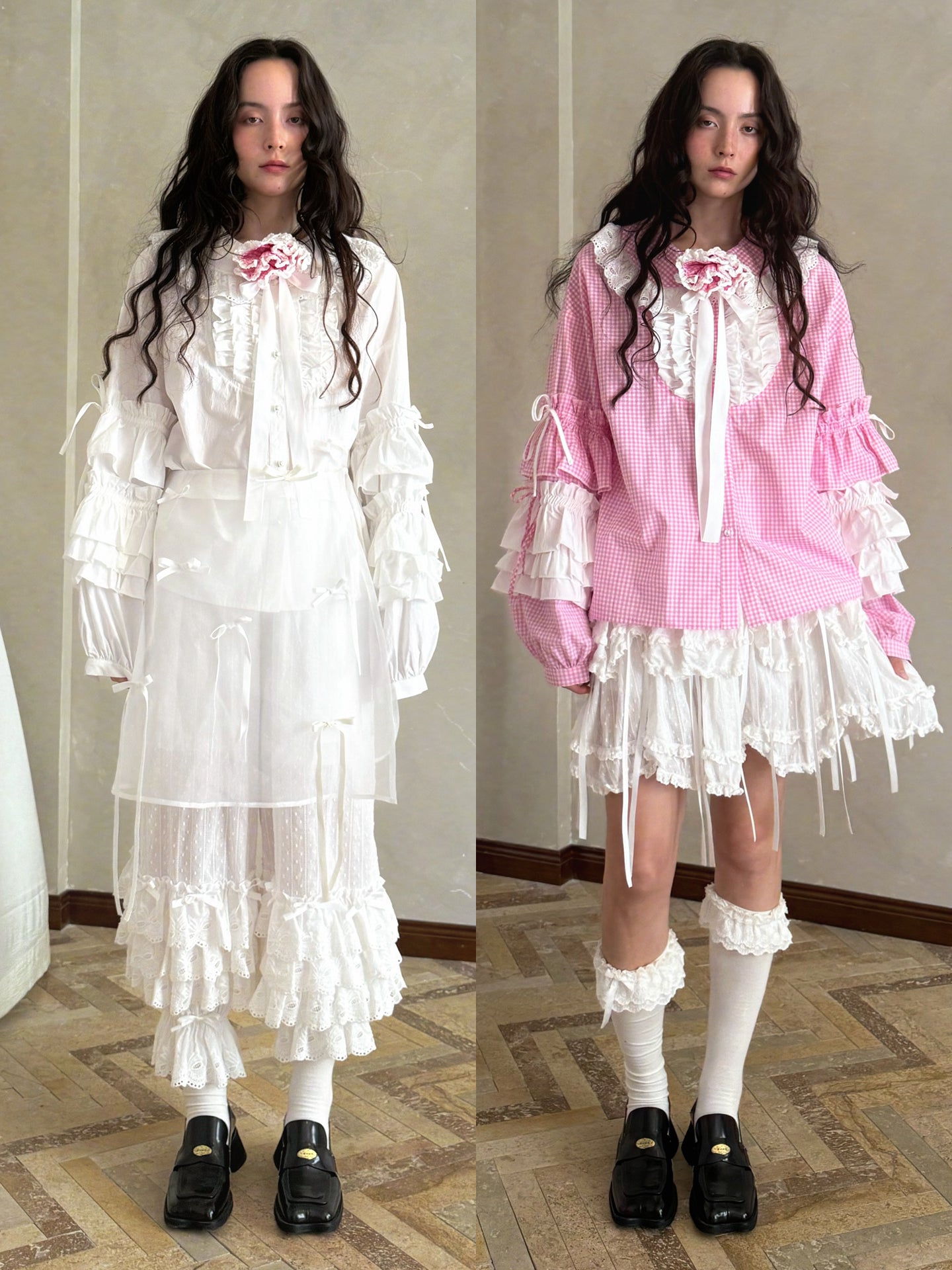 Pink checkered lace trim long-sleeved shirt【s0000012761】