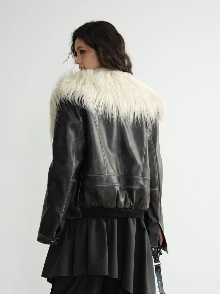 FAKE TWO PIECE PU Leather FUR JACKET [S0000010925]