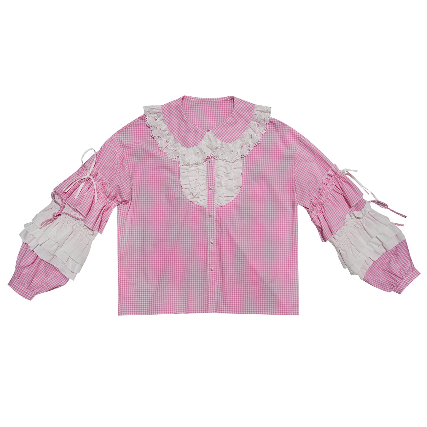 Pink checkered lace trim long-sleeved shirt【s0000012761】