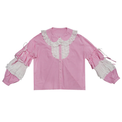 Pink checkered lace trim long-sleeved shirt【s0000012761】
