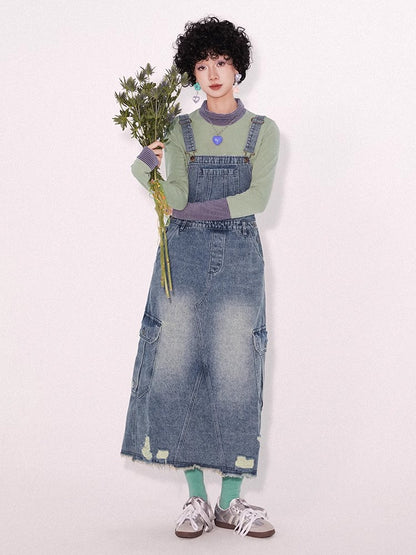 Loose denim suspender skirt【s0000009796】