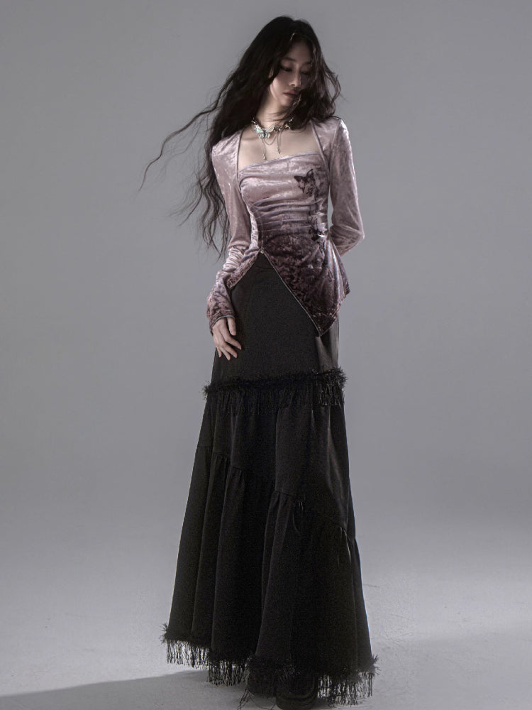 Gradient butterfly velvet top and skirt【s0000006402】